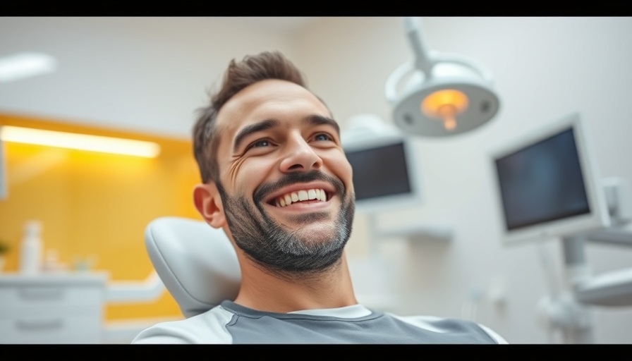 Man in dental clinic promoting dental tourism, relaxed pose.