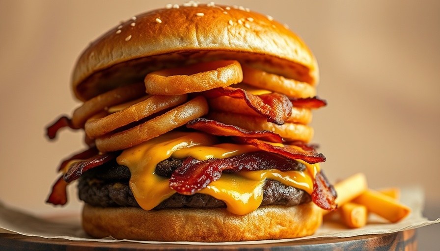 Towering cheeseburger with onion rings and bacon in photorealistic style.