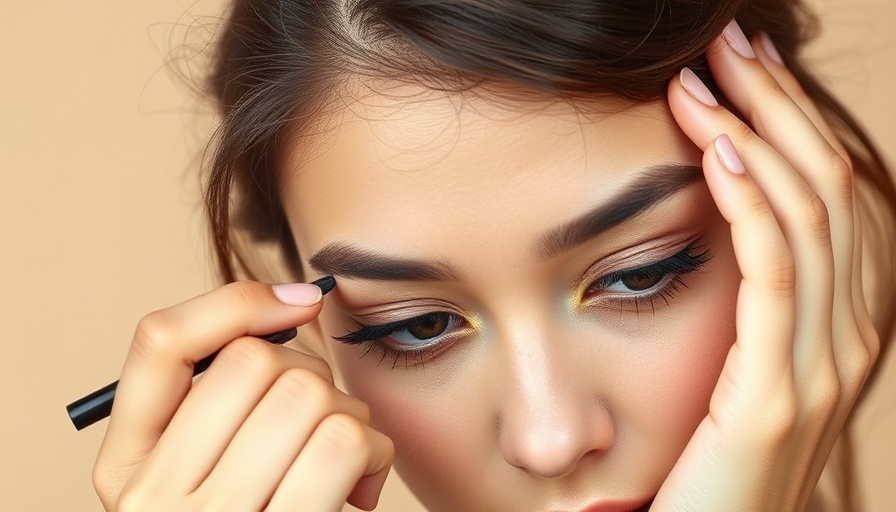 Young woman demonstrating how to apply winged eyeliner, focused expression.