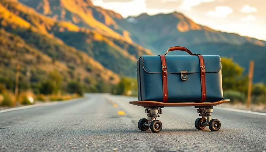 Vintage luggage storage setup on skateboards with mountain backdrop.