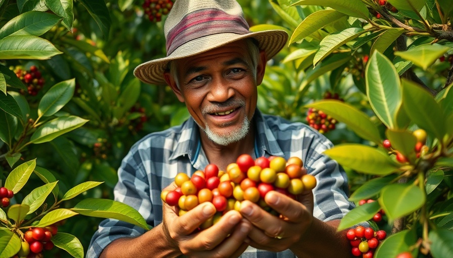 Farm Africa Coffee Sustainable Practices: Farmer harvesting coffee cherries in a lush plantation.