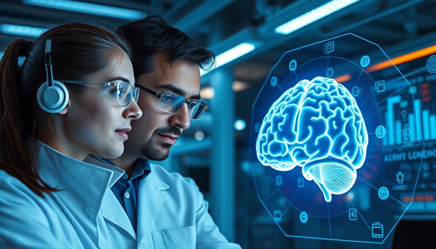 Scientists examining holographic display in a futuristic lab.