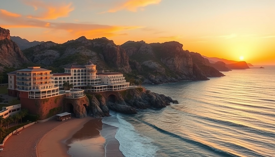 Luxurious coastal resort in Cabo San Lucas at sunset with ocean view.