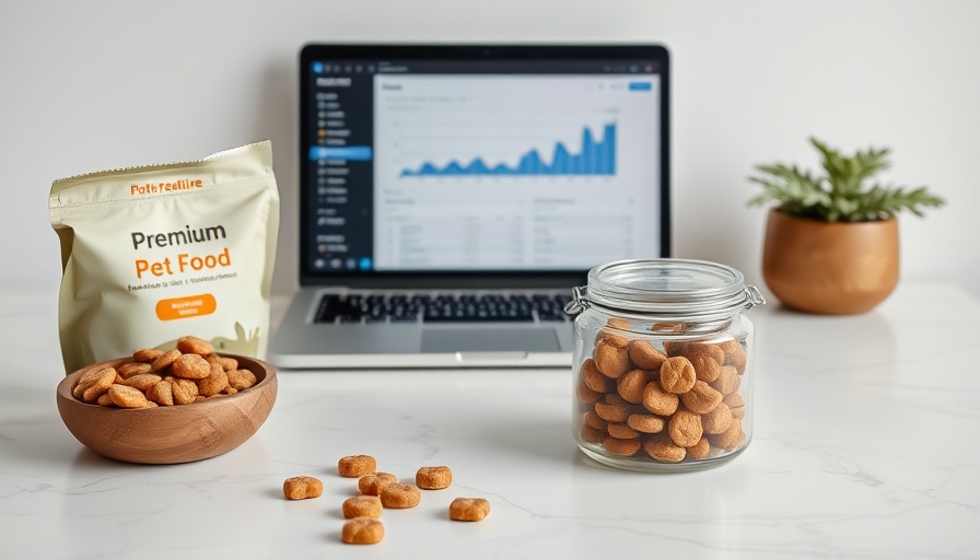 Pet food setup with analytics laptop, showcasing passive income.