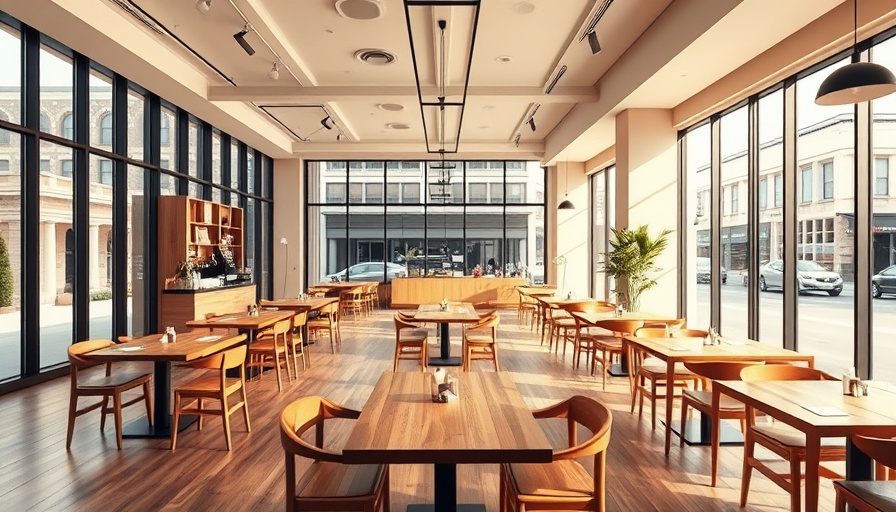 Modern coffee shop interior with wooden decor and large windows.