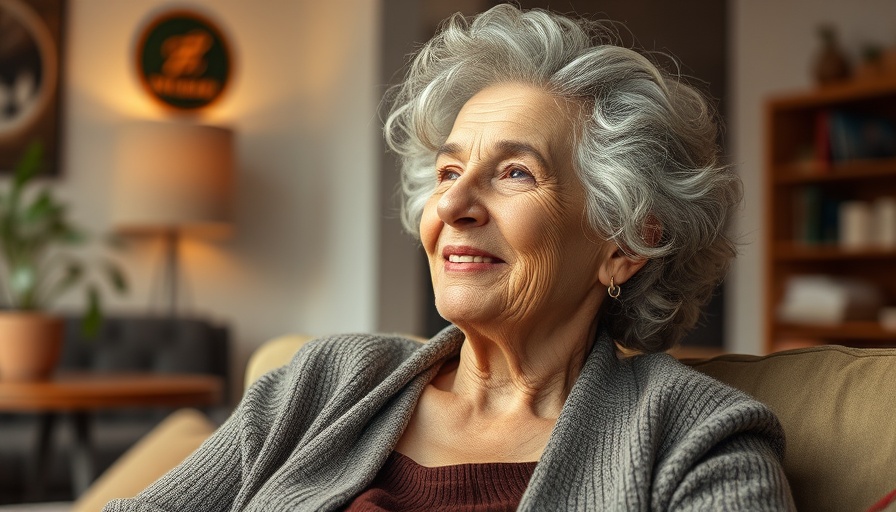 Content elderly woman with curly silver hair in a cozy home setting.