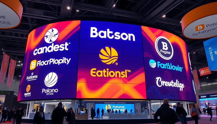 Illuminated digital display with brand logos at a marketing event.