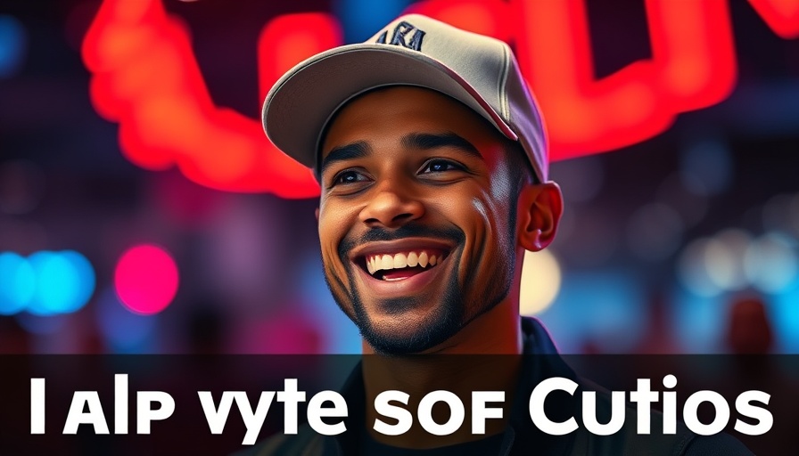 Cheerful man smiling with vibrant colorful background and text.