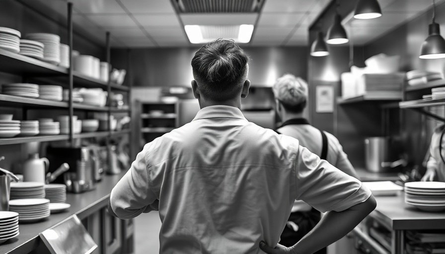 Monochrome kitchen scene depicting a bustling restaurant environment