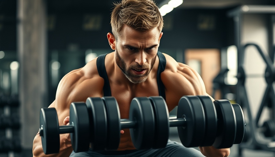 Focused man executing bro split workout with dumbbells in gym.