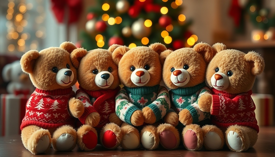 Teddy bears in festive attire with Christmas backdrop.