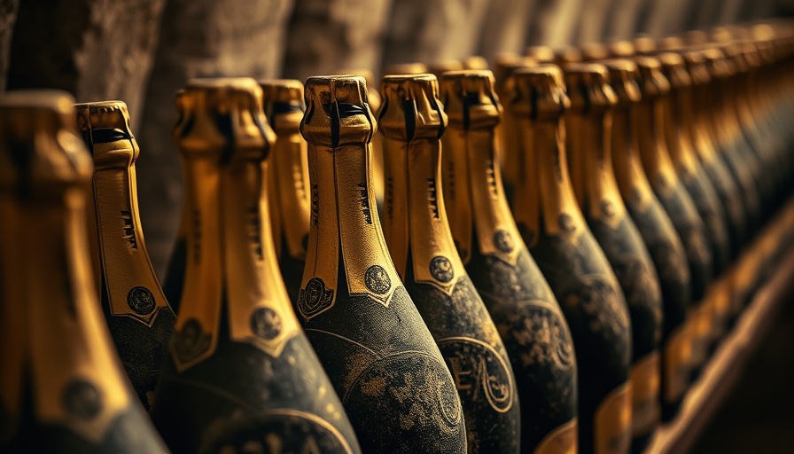 Dusty champagne bottles in a dimly lit wine cellar.