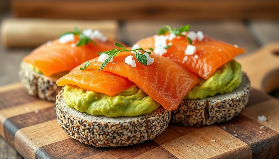 Avocado and salmon on seeded buns on a wooden board