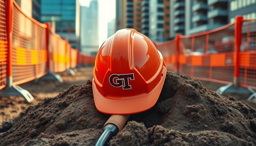 Georgia Tech construction site with hard hat and shovel near residence hall.