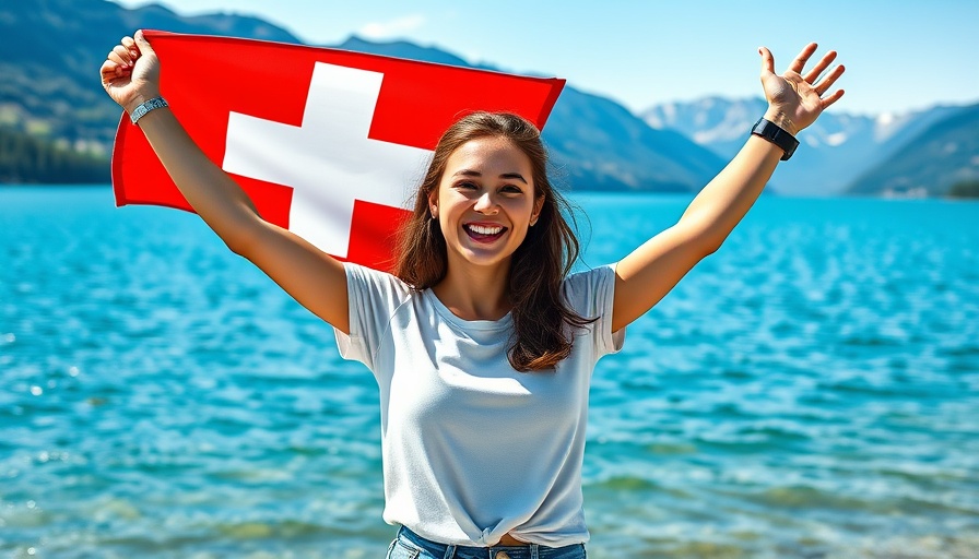 Joyful woman enjoying summer adventures in Switzerland by a lake.