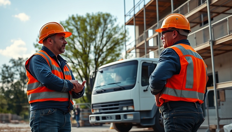 Construction workers near scaffolding at a building site.