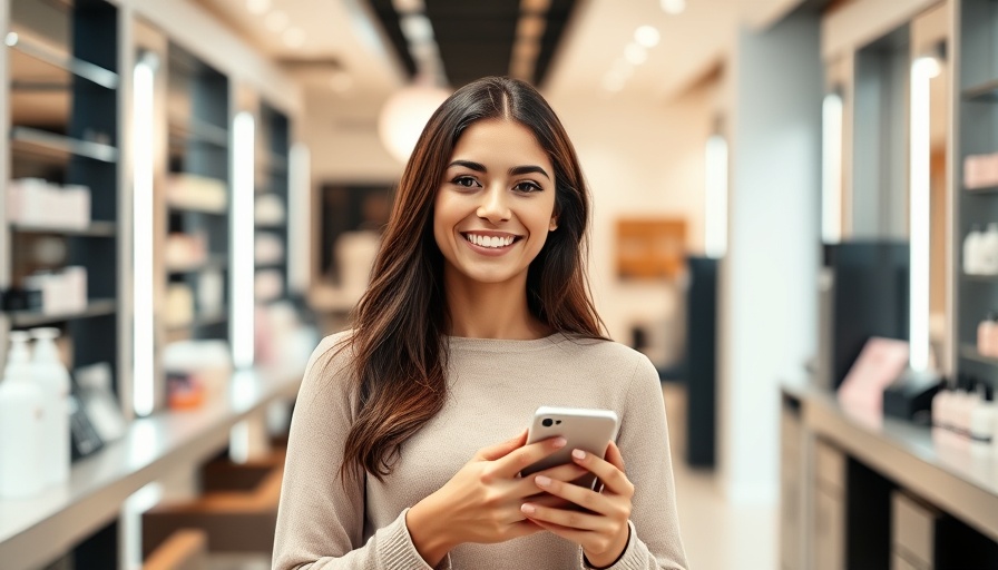 Smiling woman in a salon using smartphone, promoting beauty holidays with salon software.