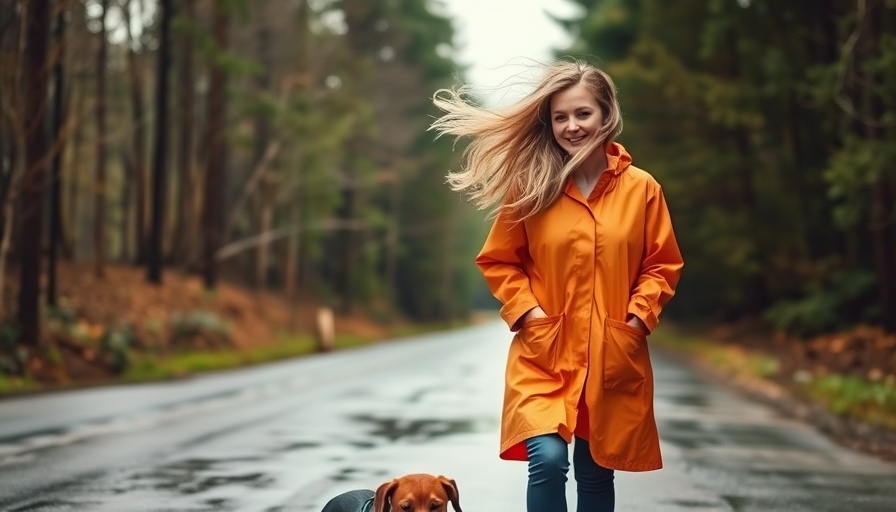 Woman in orange raincoat with dog on a windy day outdoors.