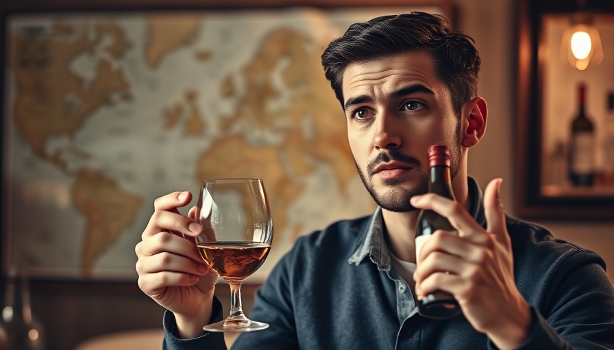Master wine tasting: thoughtful man with wine glass and bottle.