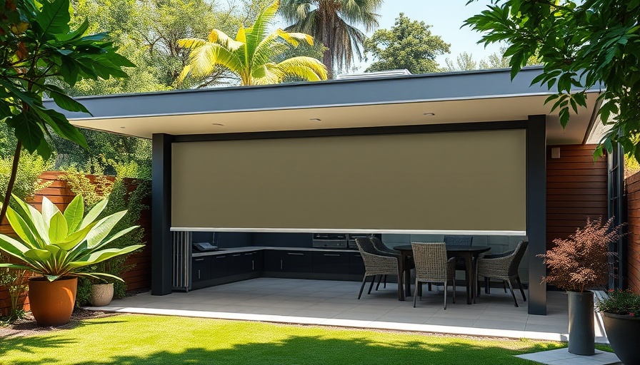 Modern garden building installation with blinds surrounded by greenery.