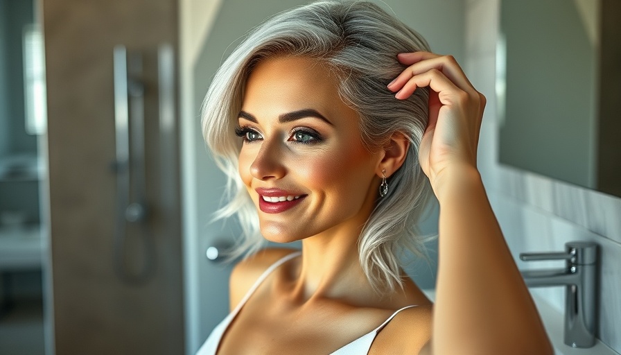 Woman with silver hair showing makeup tips for women over 40.