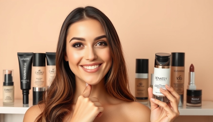 Woman showing how to apply foundation flawlessly with products.