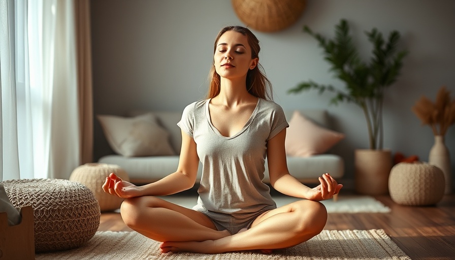 Peaceful woman practicing yoga to reduce stress and anxiety indoors.