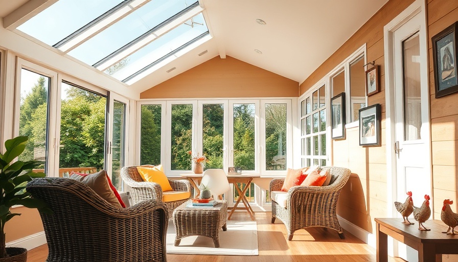 Sunlit home extension with wicker furniture and large windows, construction of a home extension.