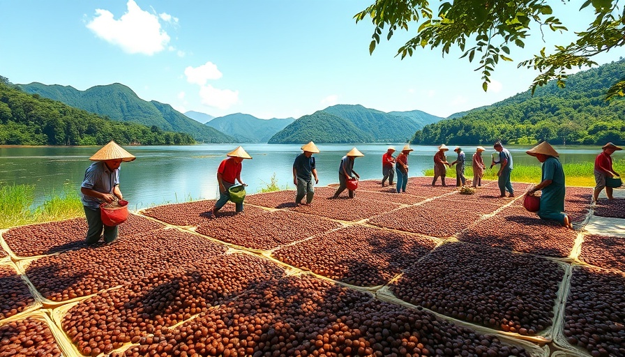 Farmers spreading coffee beans at Best of Congo Cooperatives Auction by lake