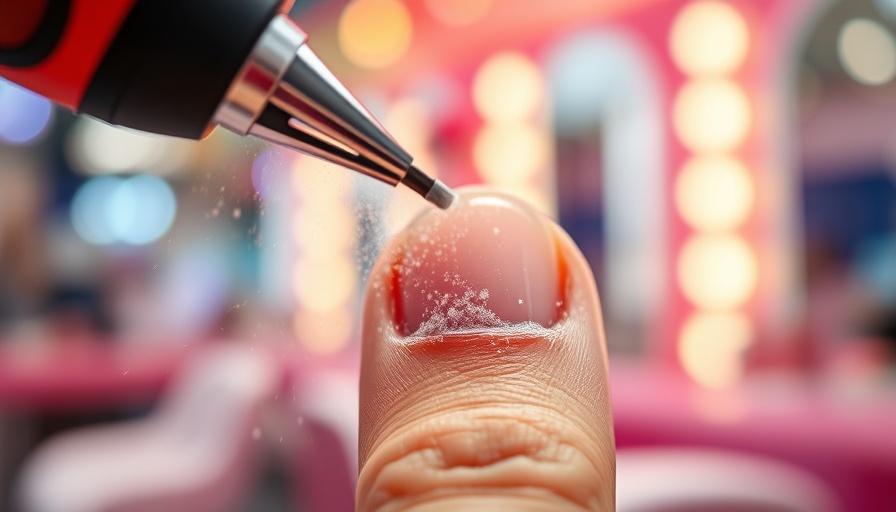 Close-up of nail filing in a salon setting, creating dust.