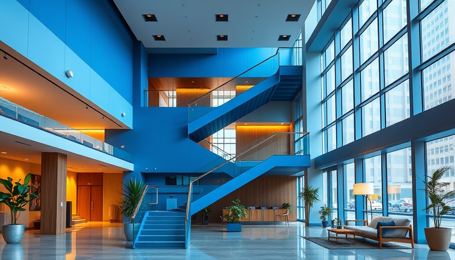 Modern office lobby with blue staircase, focus on refinancing commercial property in the UK.