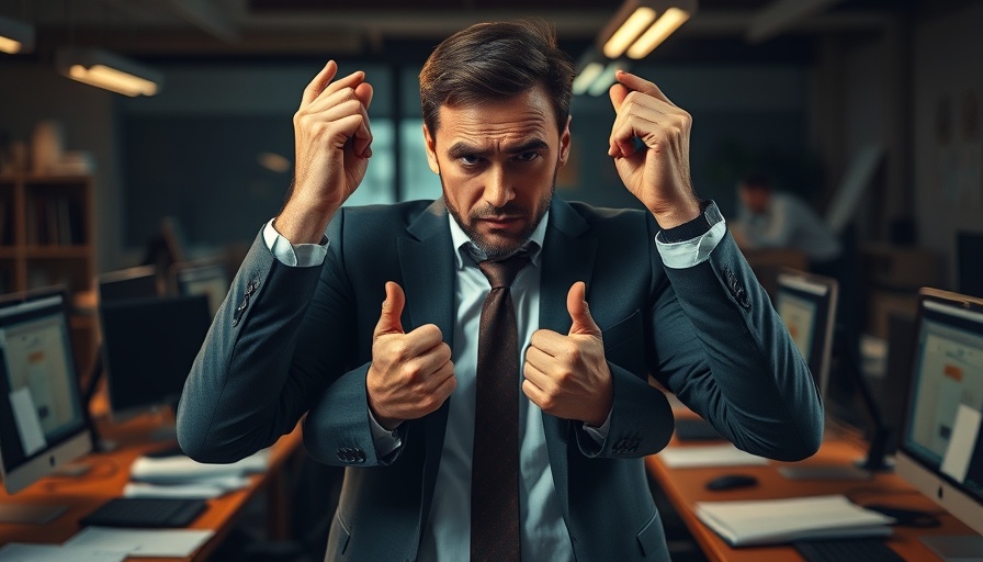 Frustrated business person overwhelmed by SEO mistakes in office.