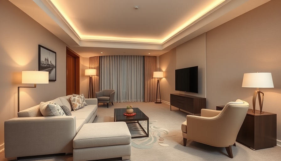 Modern hotel suite interior with beige furniture, Best 5-star hotel near me, featuring sleek decor and a cozy atmosphere.