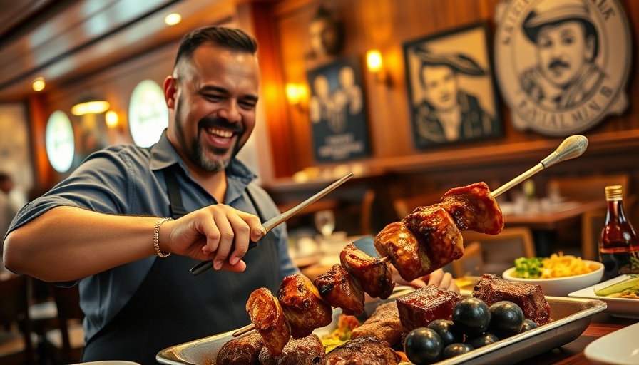 Diner enjoying skewered meat at best Brazilian steakhouses.