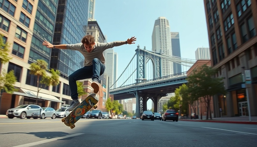 Energetic skateboarders in cityscape, showcasing tricks