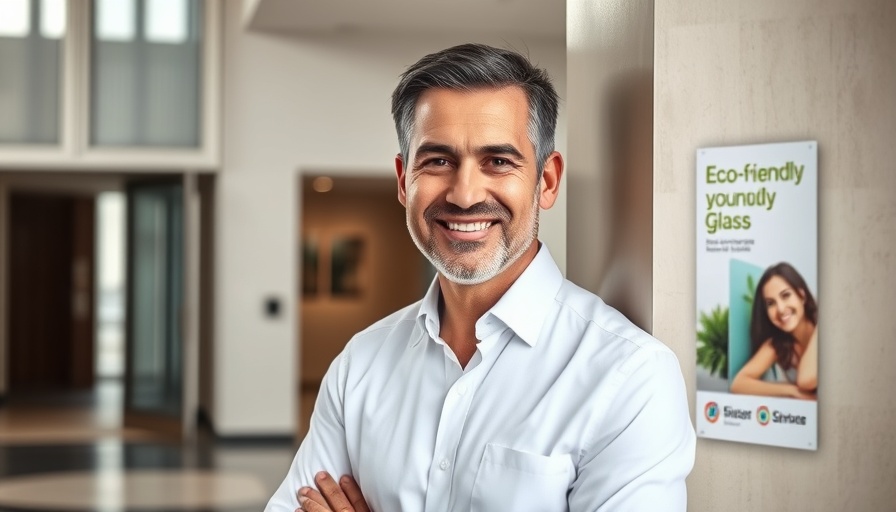 Smiling man in modern setting with focus on eco-friendly glass.