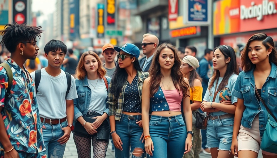 Vibrant streetwear fashion group in urban setting, cinematic photo.