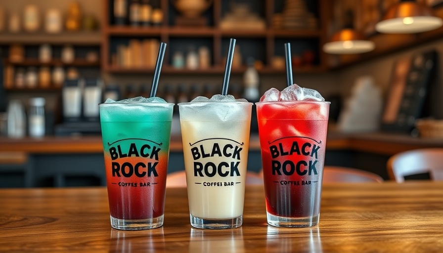 Colorful drinks in Black Rock Coffee Bar cups on a wooden table, cozy cafe setting.