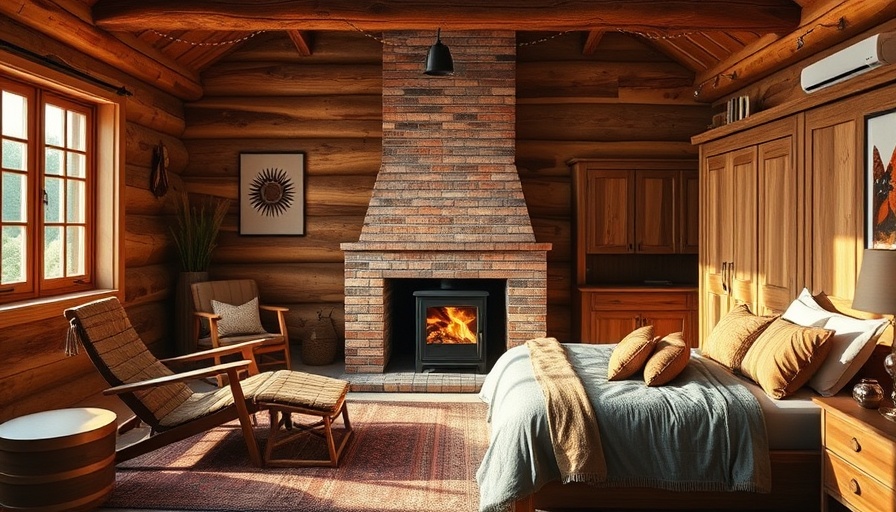 Rustic wooden bedroom with modern lounge chair and brick chimney.