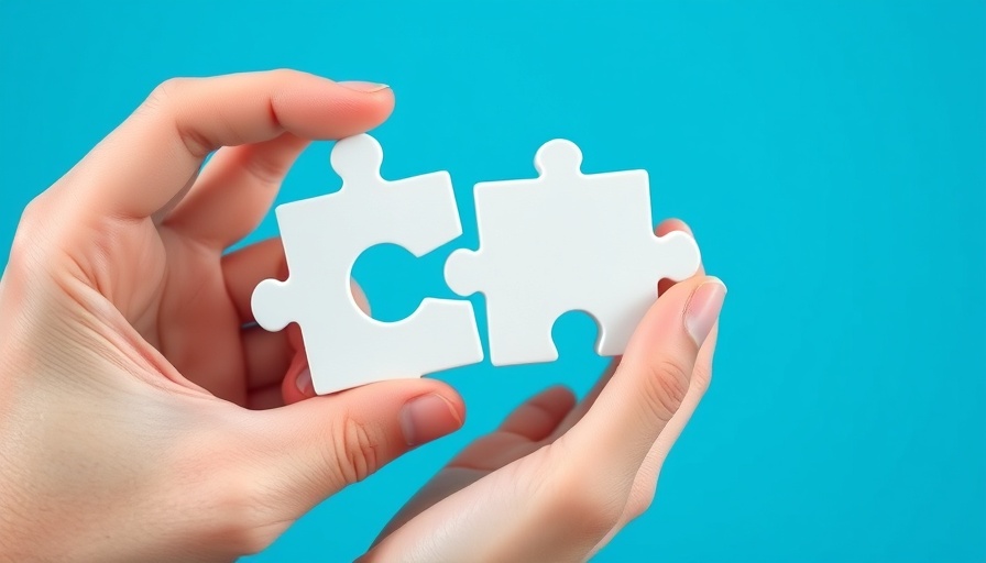Hands connecting white puzzle pieces on blue background.