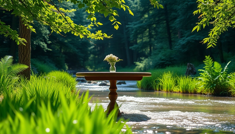 Outdoor table setting by a stream, surrounded by nature.