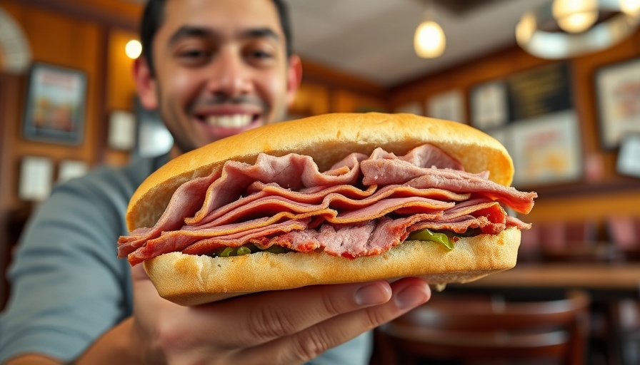 Hearty pastrami sandwich held by person in cozy LA diner, best pastrami sandwiches in Los Angeles.