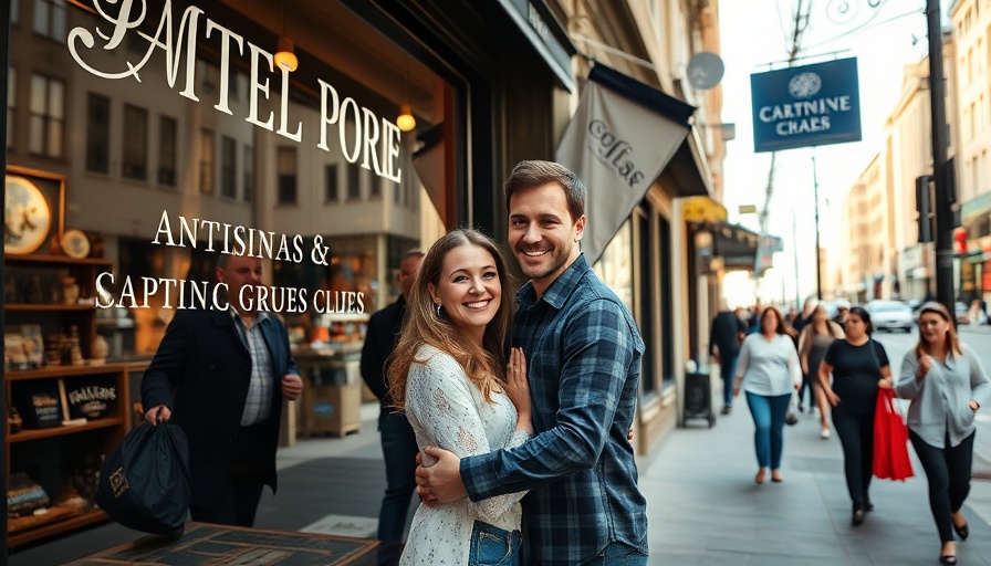 Couple embracing outside an urban storefront, city ambiance.