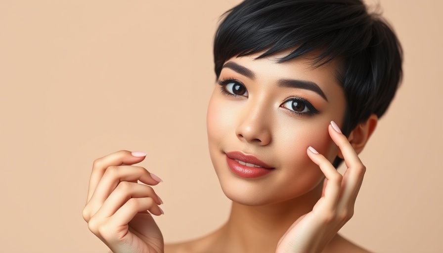 Young woman giving a makeup tutorial for beginners on a beige background.