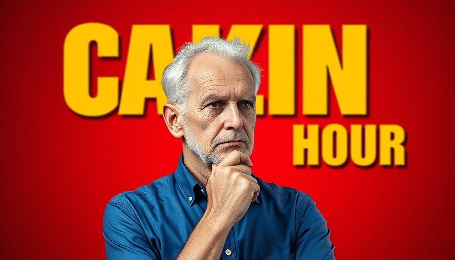 Video marketing for small business concept with thoughtful older man against red graphic background.