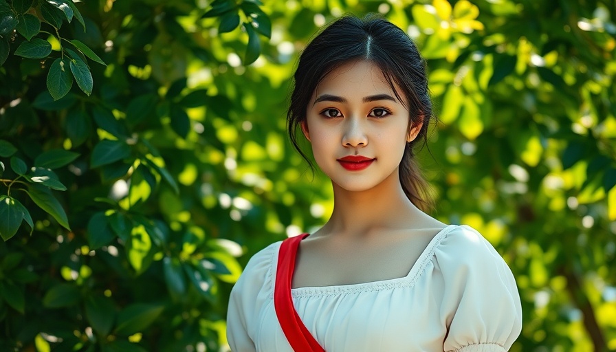 Young woman with gentle expression in lush green foliage.