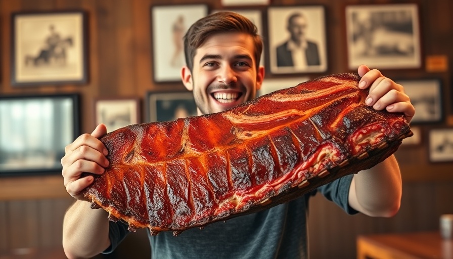 Person with giant rack of ribs at a BBQ smokehouse, smiling
