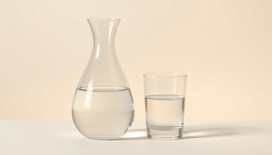 Minimalist glass bedside water carafe and tumbler on beige background