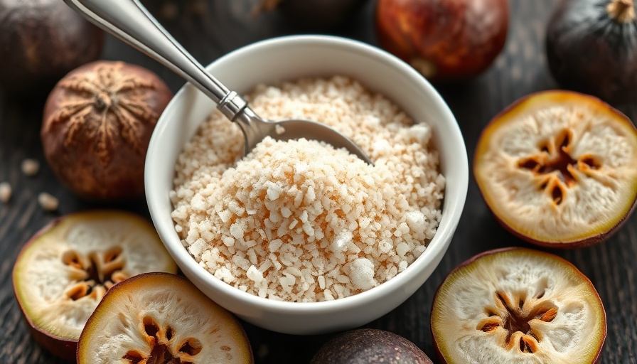 Stevia and monk fruit sugar alternatives in a bowl with fruits nearby.