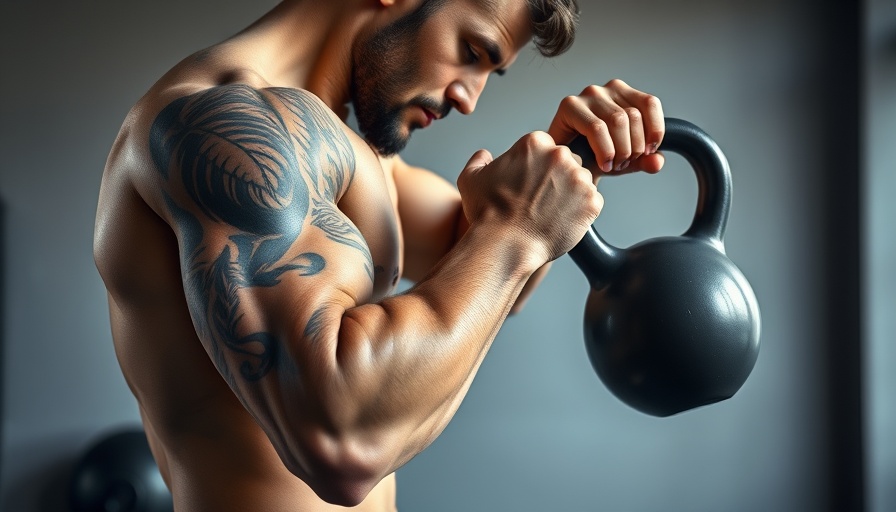 Tattooed man performing kettlebell workout, best hamstring exercises focus.